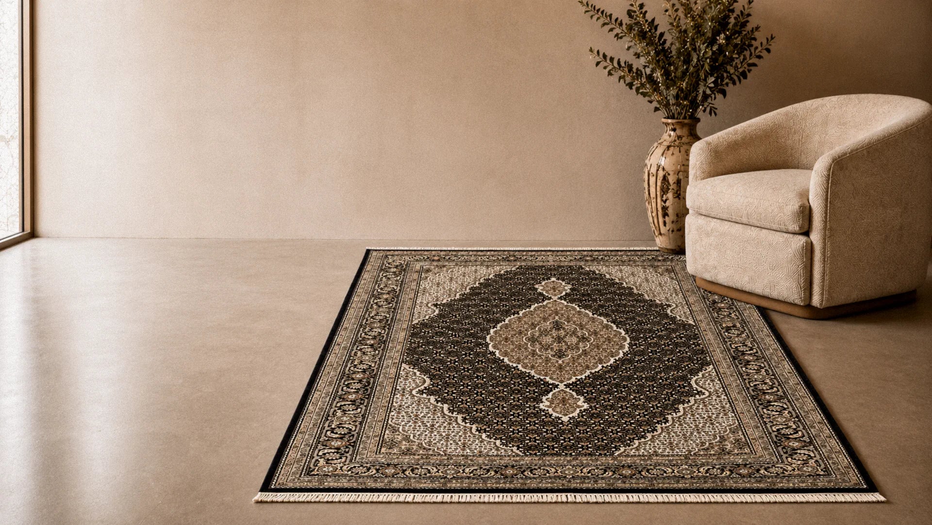 Hand-knotted Mahi Tabriz wool rug styled in a calm living room for Silk Road Rugs homepage banner