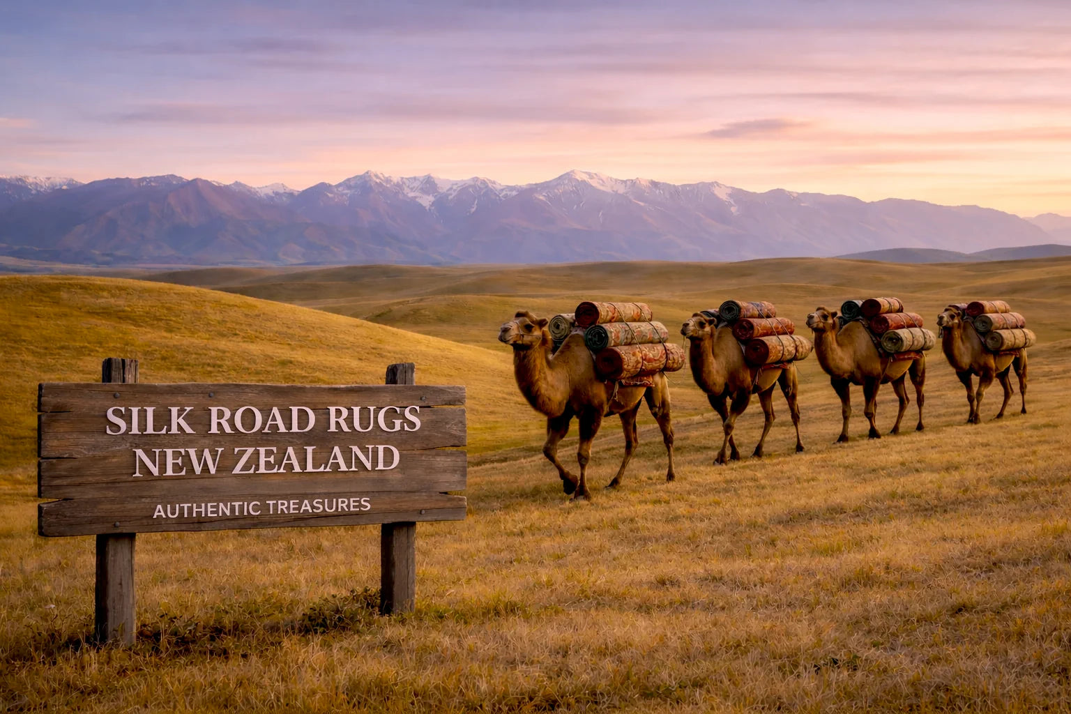 Silk Road Rugs New Zealand heritage banner with camels carrying rolled rugs across a mountain landscape