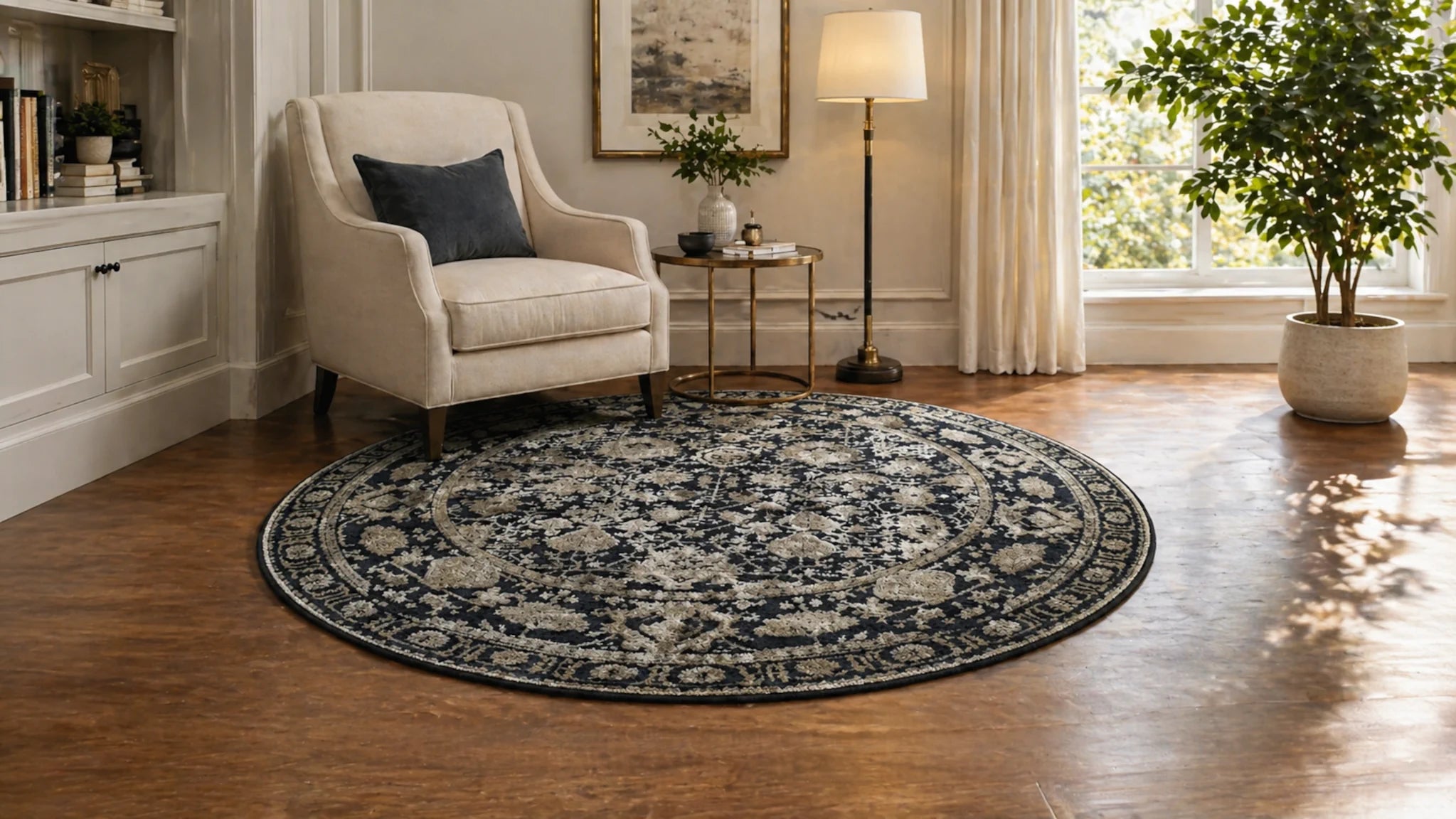 Round navy and ivory rug styled in a reading nook with an armchair and natural light