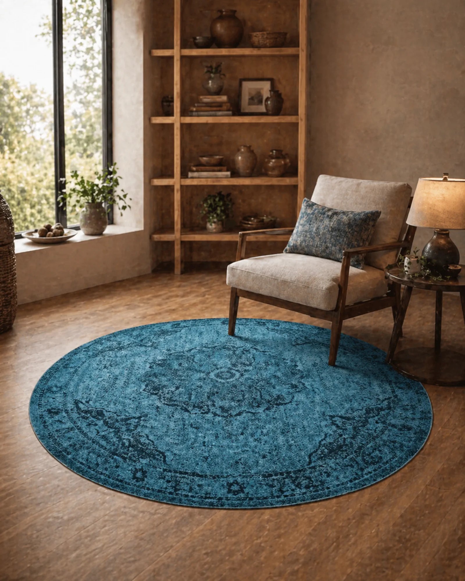 Round rug styled in a bright reading nook with armchair, side table and indoor plant