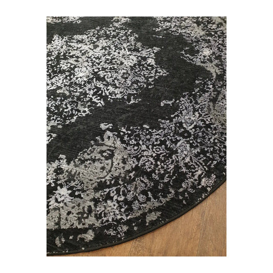 Angled detail of silver and charcoal round rug showing pattern and edge finish, 160 cm