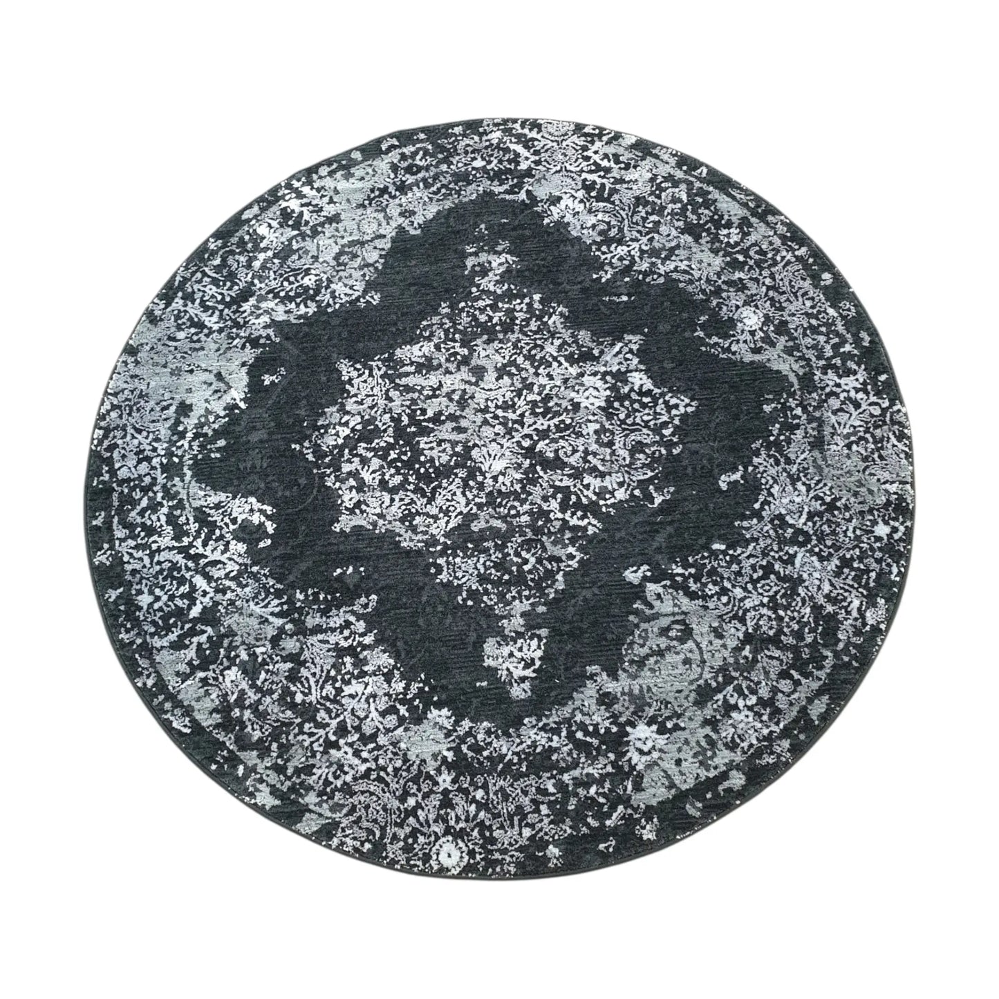 Full view of silver and charcoal round rug with medallion pattern, 160 cm