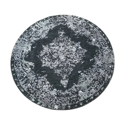 Full view of silver and charcoal round rug with medallion pattern, 160 cm
