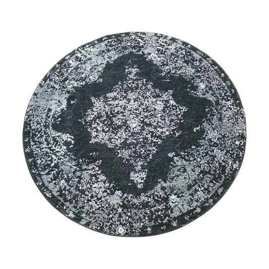 Full view of silver and charcoal round rug with medallion pattern, 160 cm