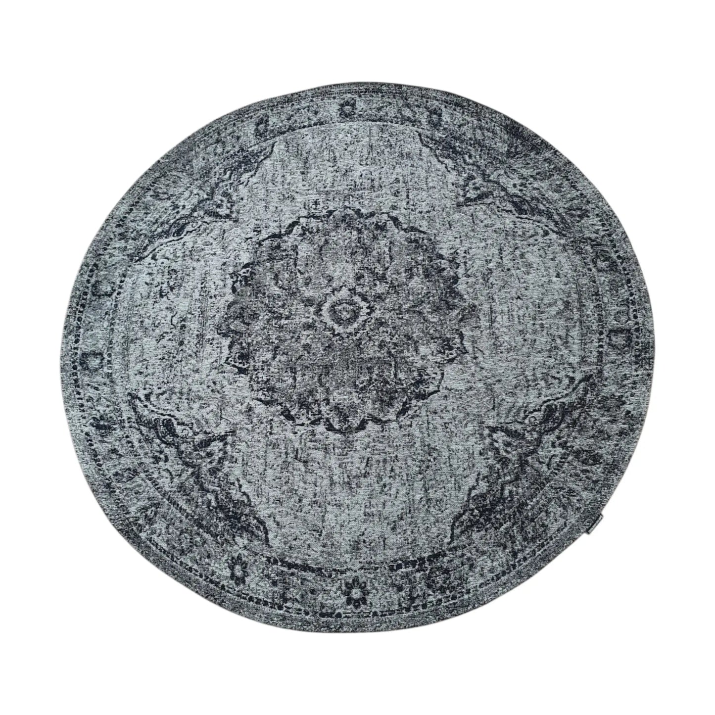 Full view of steel round rug with distressed medallion pattern, 160 cm