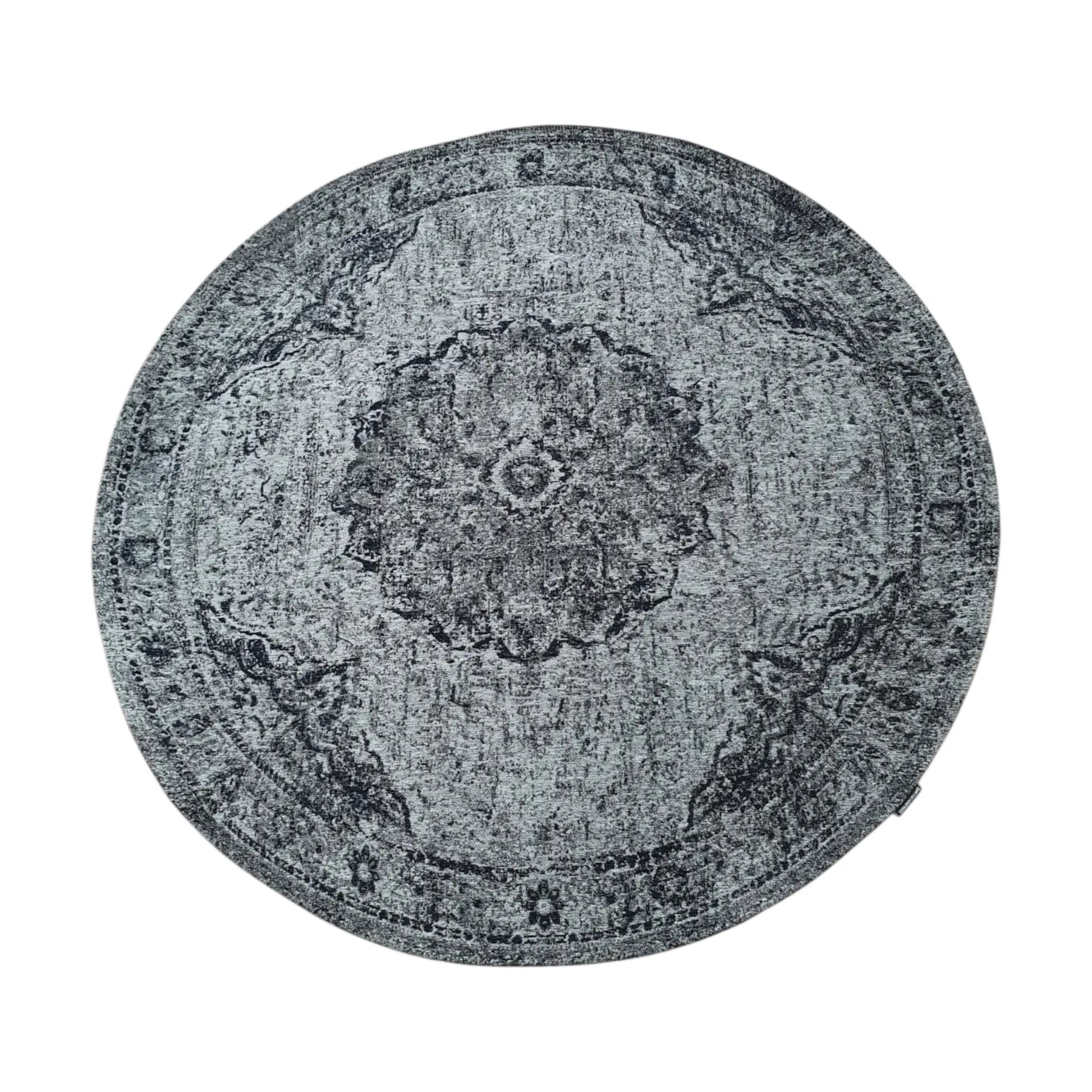 Full view of steel round rug with distressed medallion pattern, 160 cm
