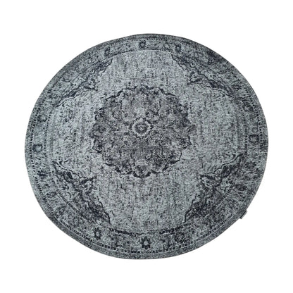 Full view of steel round rug with distressed medallion pattern, 160 cm
