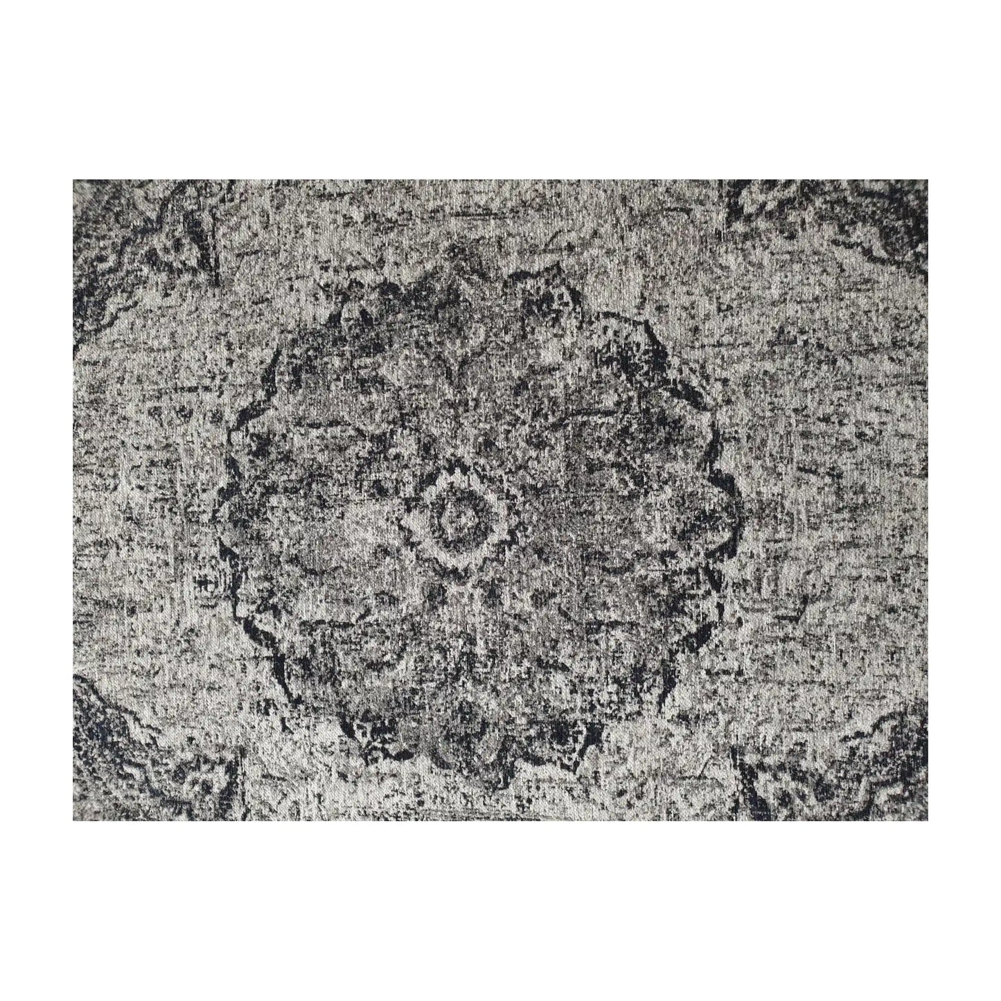 Close-up of steel round rug with distressed medallion detail, 160 cm