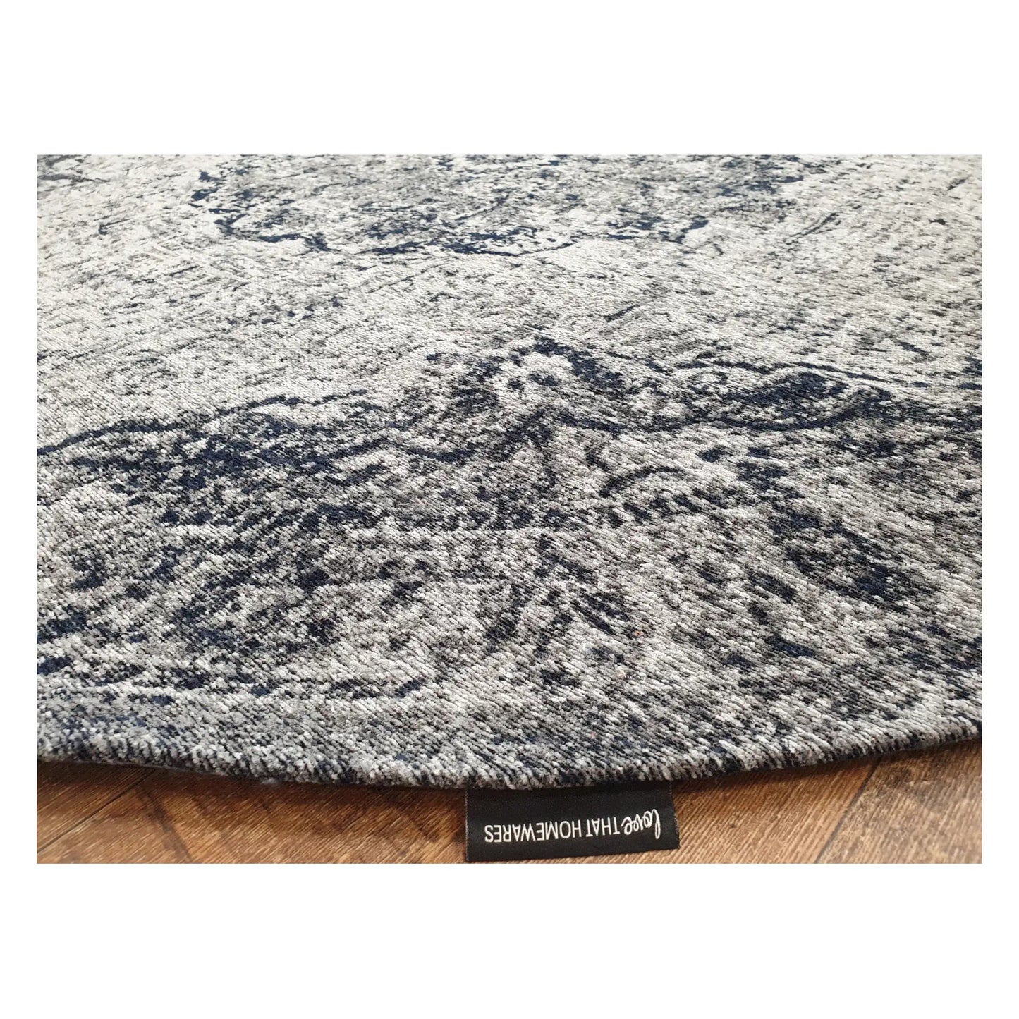 Close-up of steel round chenille polyester rug showing surface texture, 160 cm
