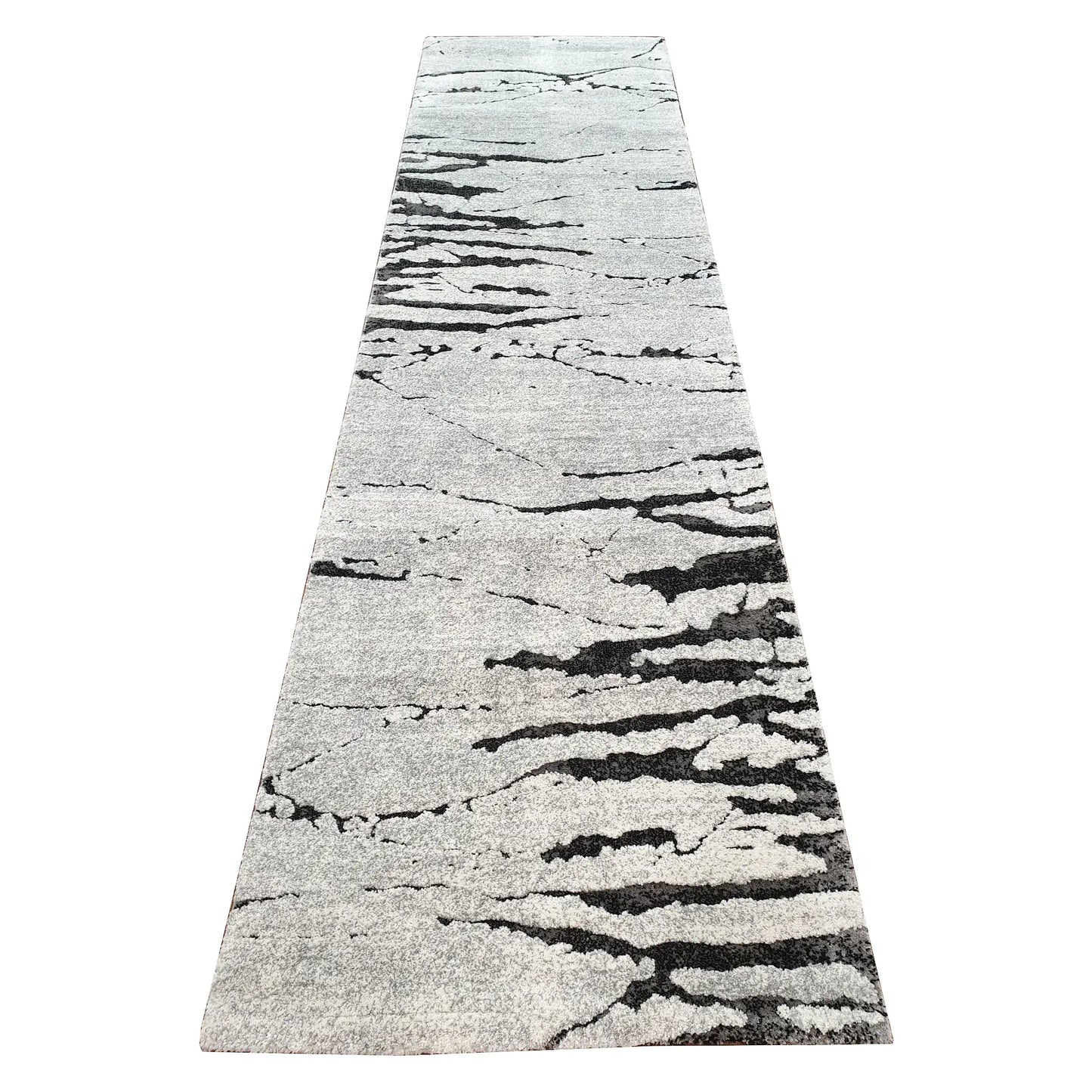 Stella Grey Runner Rug 300 x 80 cm full view with light grey ground and black abstract linear pattern