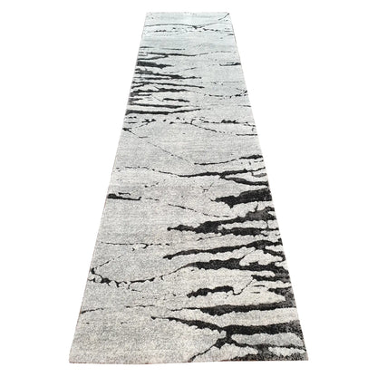 Stella Grey Runner Rug 300 x 80 cm full view with light grey ground and black abstract linear pattern