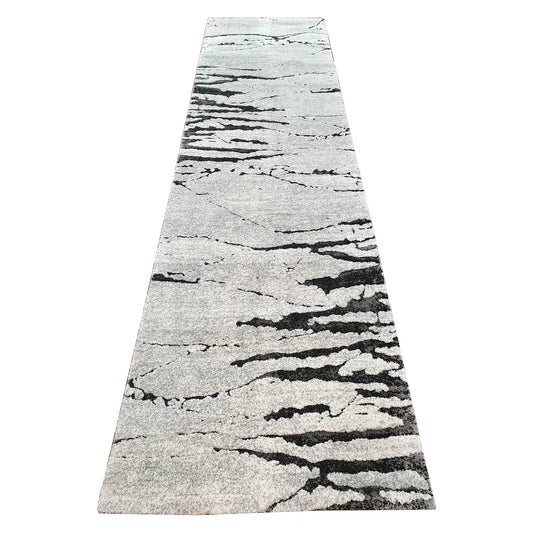 Stella Grey Runner Rug 300 x 80 cm full view with light grey ground and black abstract linear pattern