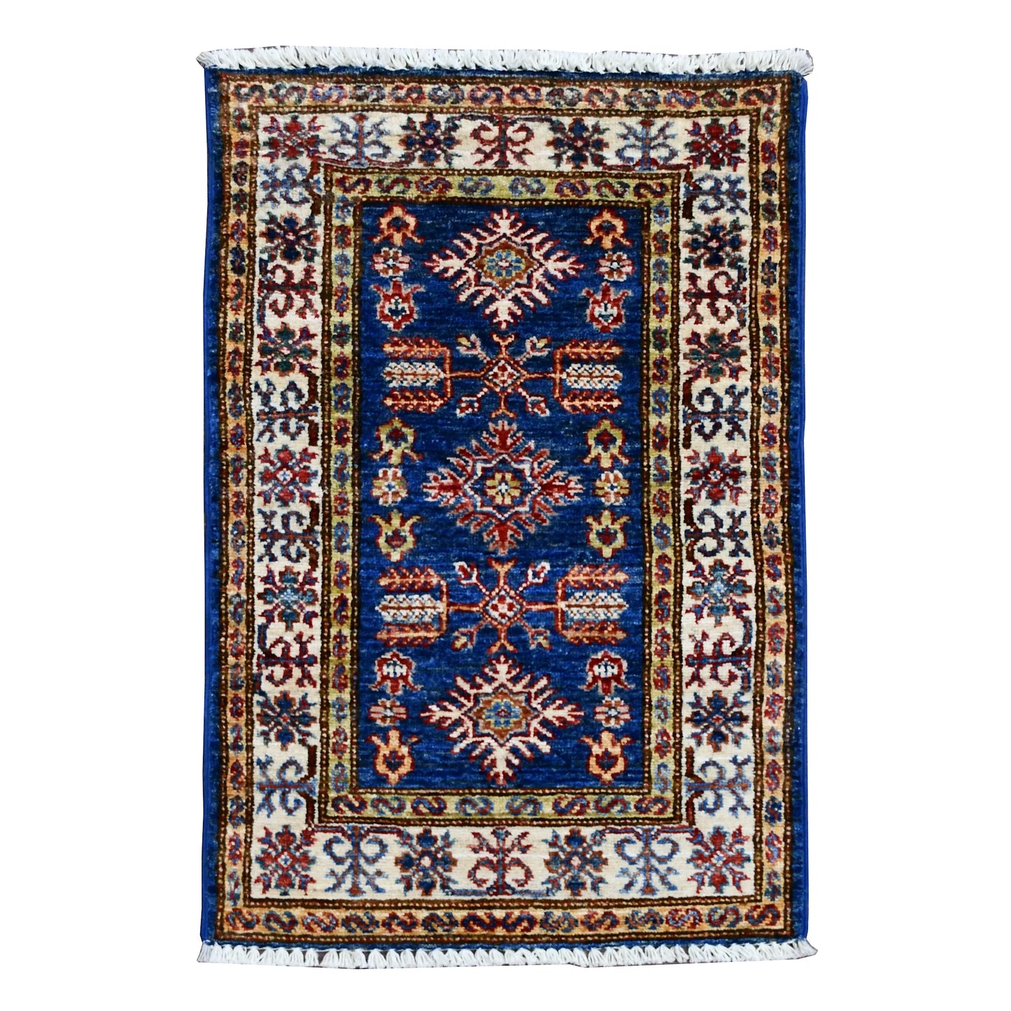 Super Kazak rug 91 x 58 cm full view with blue field, ivory border and central medallion pattern