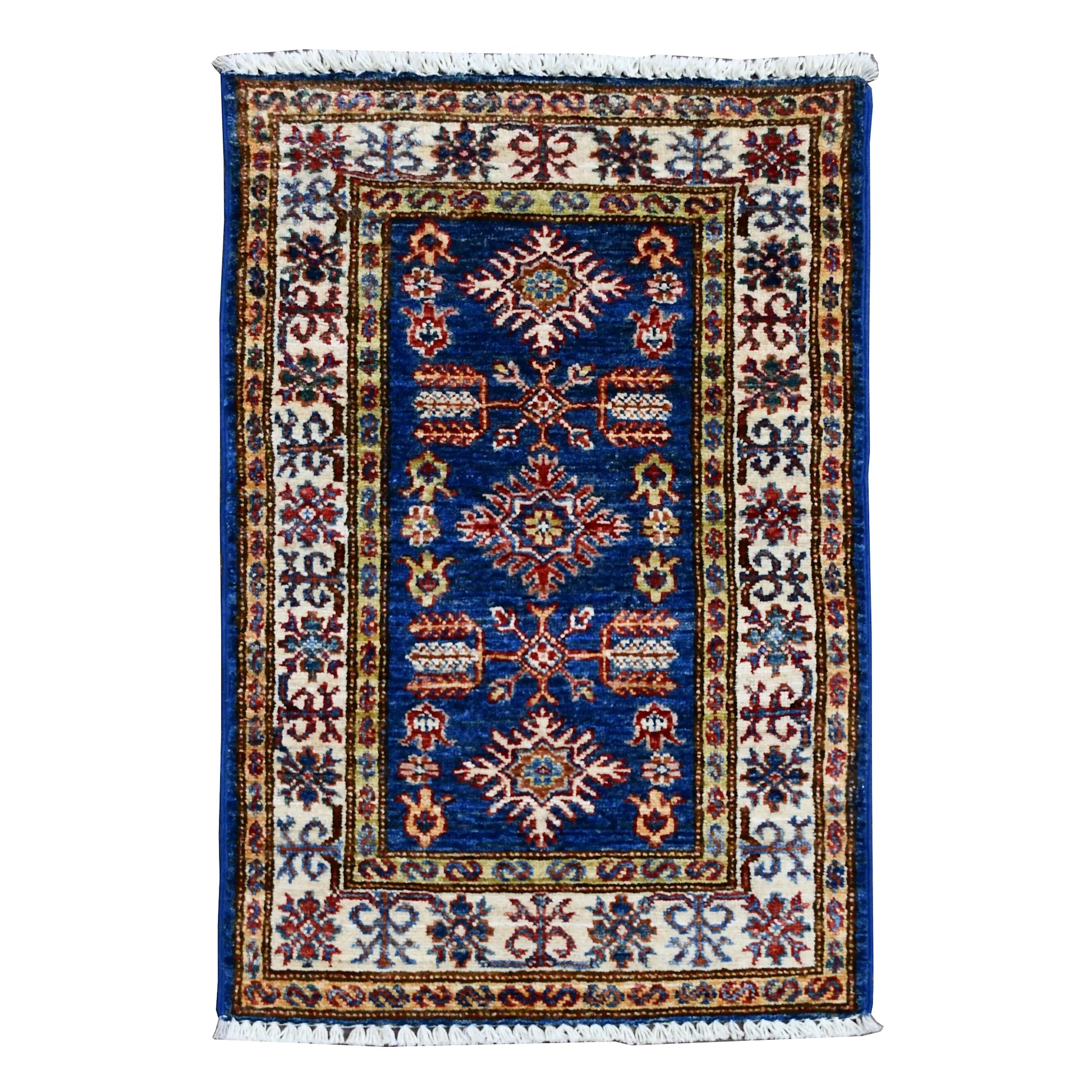 Super Kazak rug 91 x 58 cm full view with blue field, ivory border and central medallion pattern