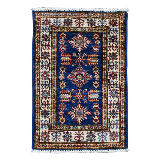 Super Kazak rug 91 x 58 cm full view with blue field, ivory border and central medallion pattern