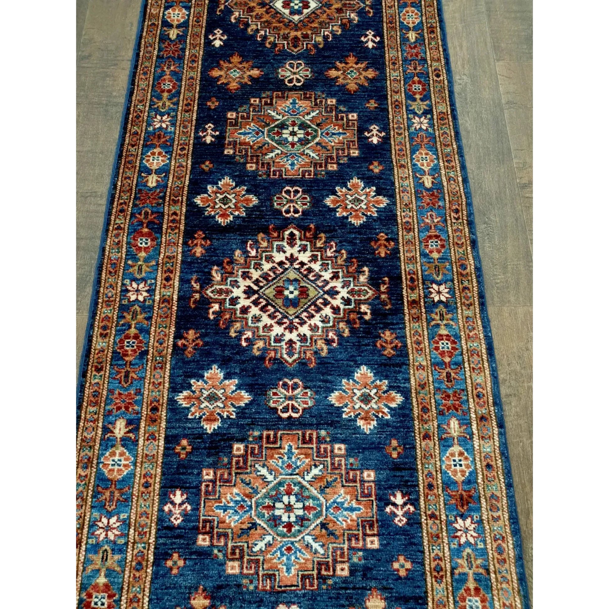 Super Kazak runner rug 295 x 75 cm length view showing repeating motifs
