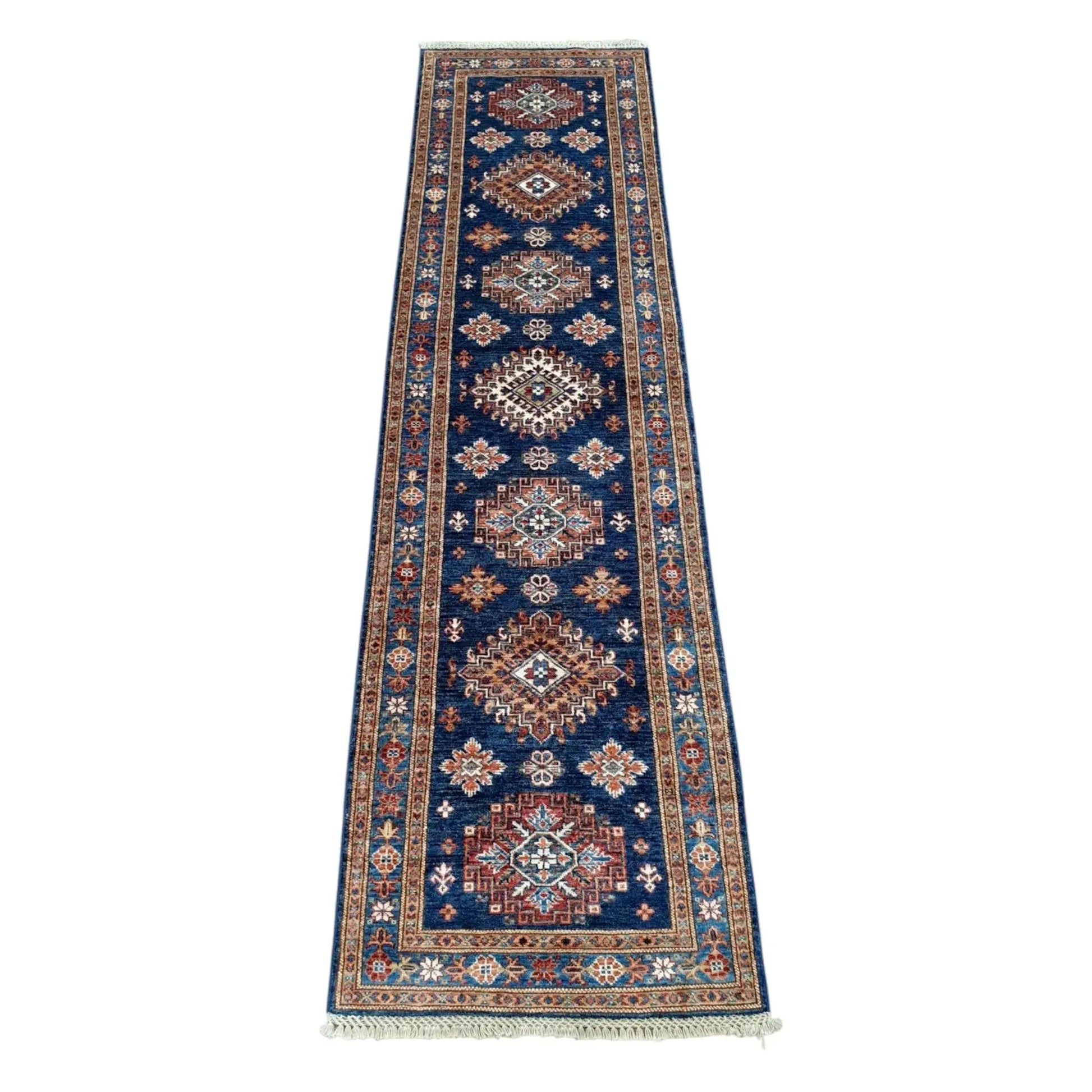 Super Kazak runner rug 295 x 75 cm full view blue geometric pattern
