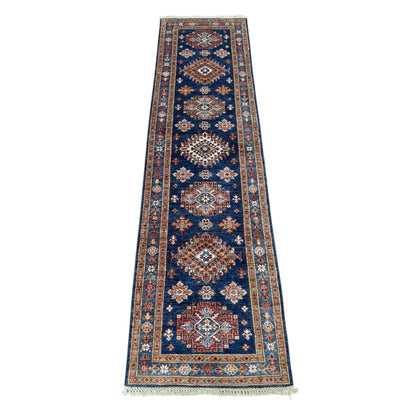Super Kazak runner rug 295 x 75 cm full view blue geometric pattern