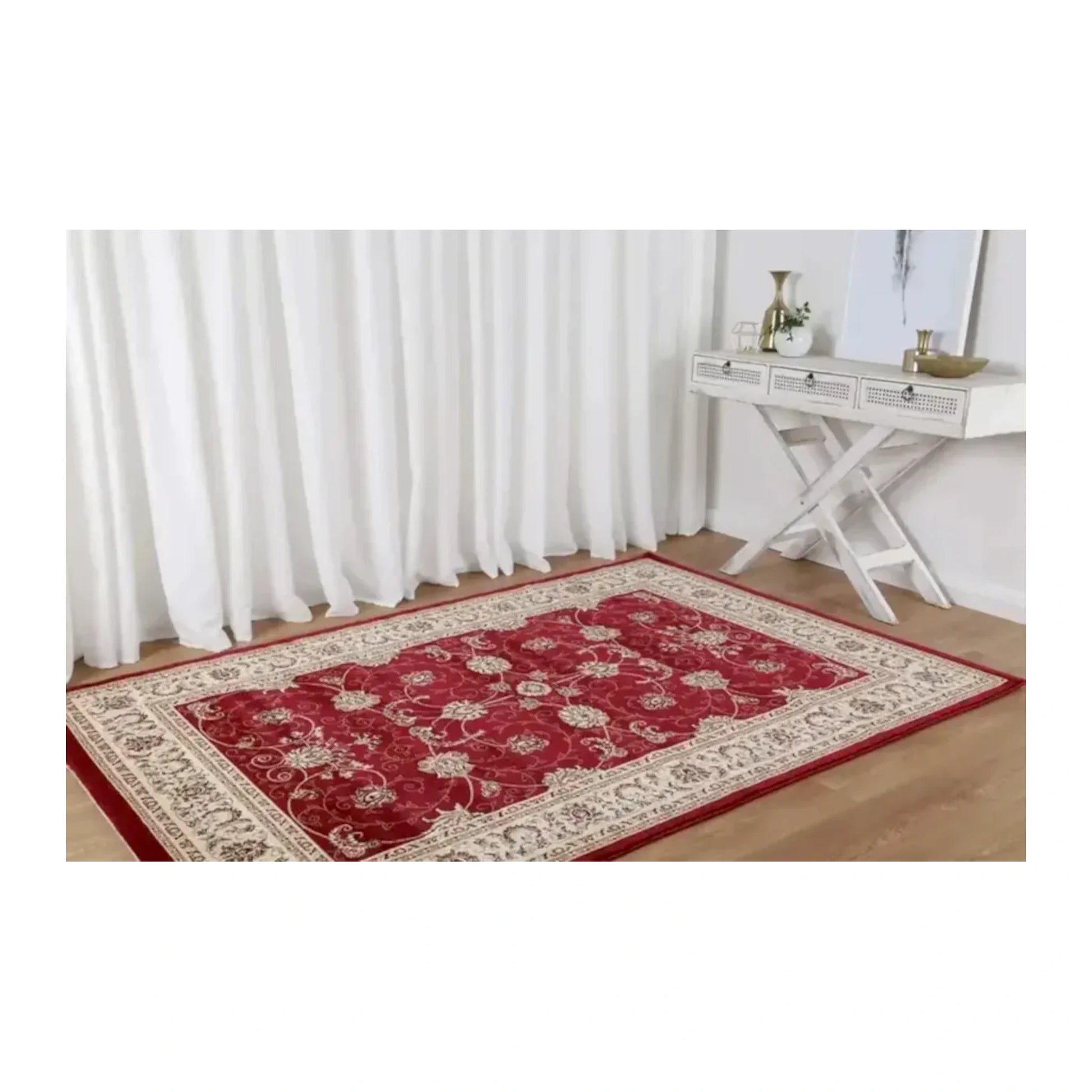 Suzani red rug angled room view