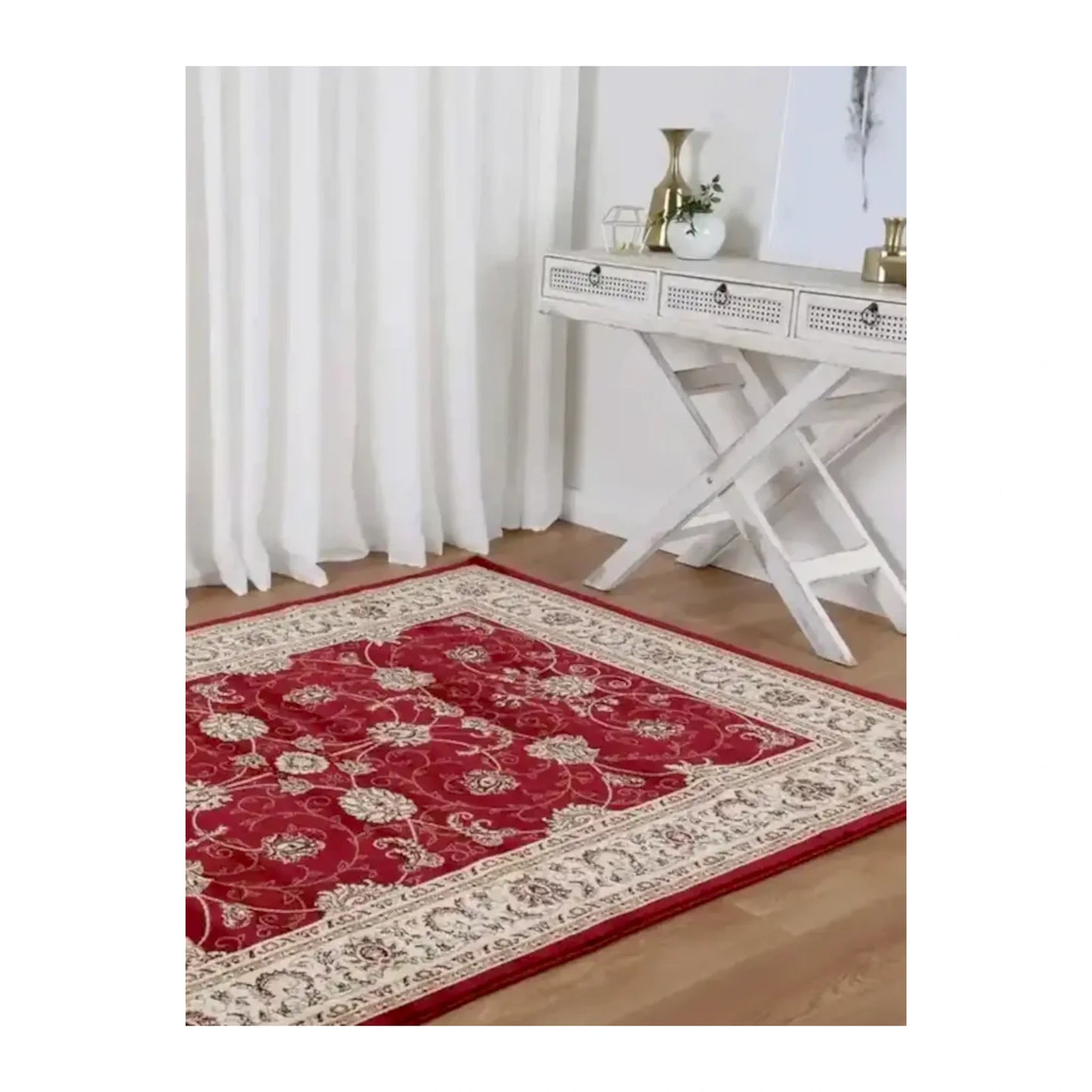 Suzani red rug in room setting 