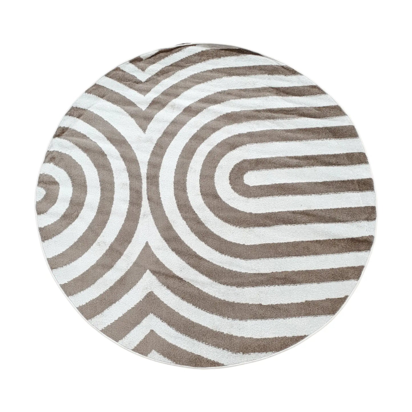Full view of taupe round rug with curved stripe design, 160 cm