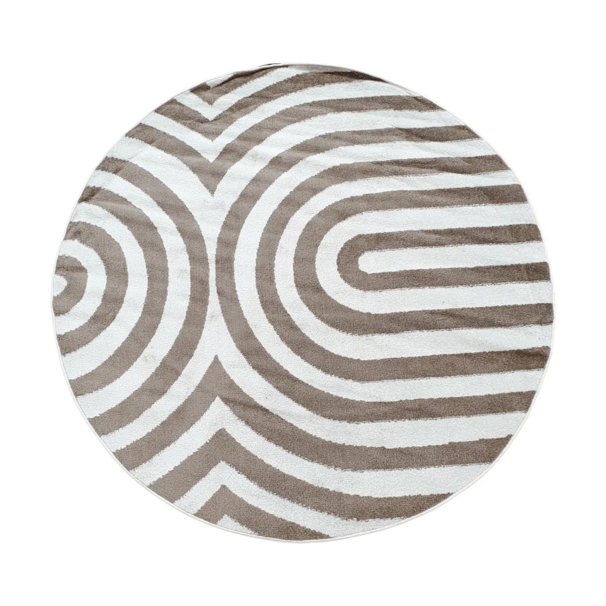 Full view of taupe round rug with curved stripe design, 160 cm