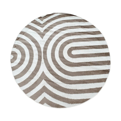 Full view of taupe round rug with curved stripe design, 160 cm
