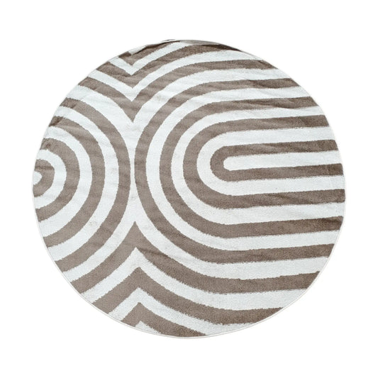 Full view of taupe round rug with curved stripe design, 160 cm