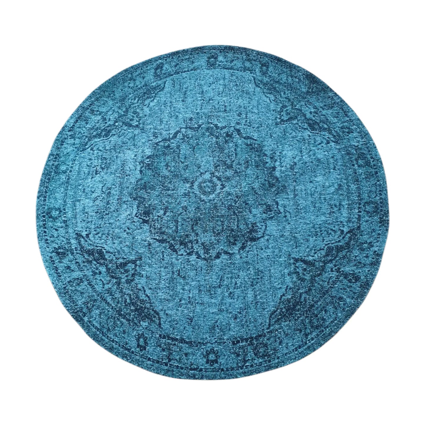 Full view of teal round rug with distressed medallion pattern, 160 cm