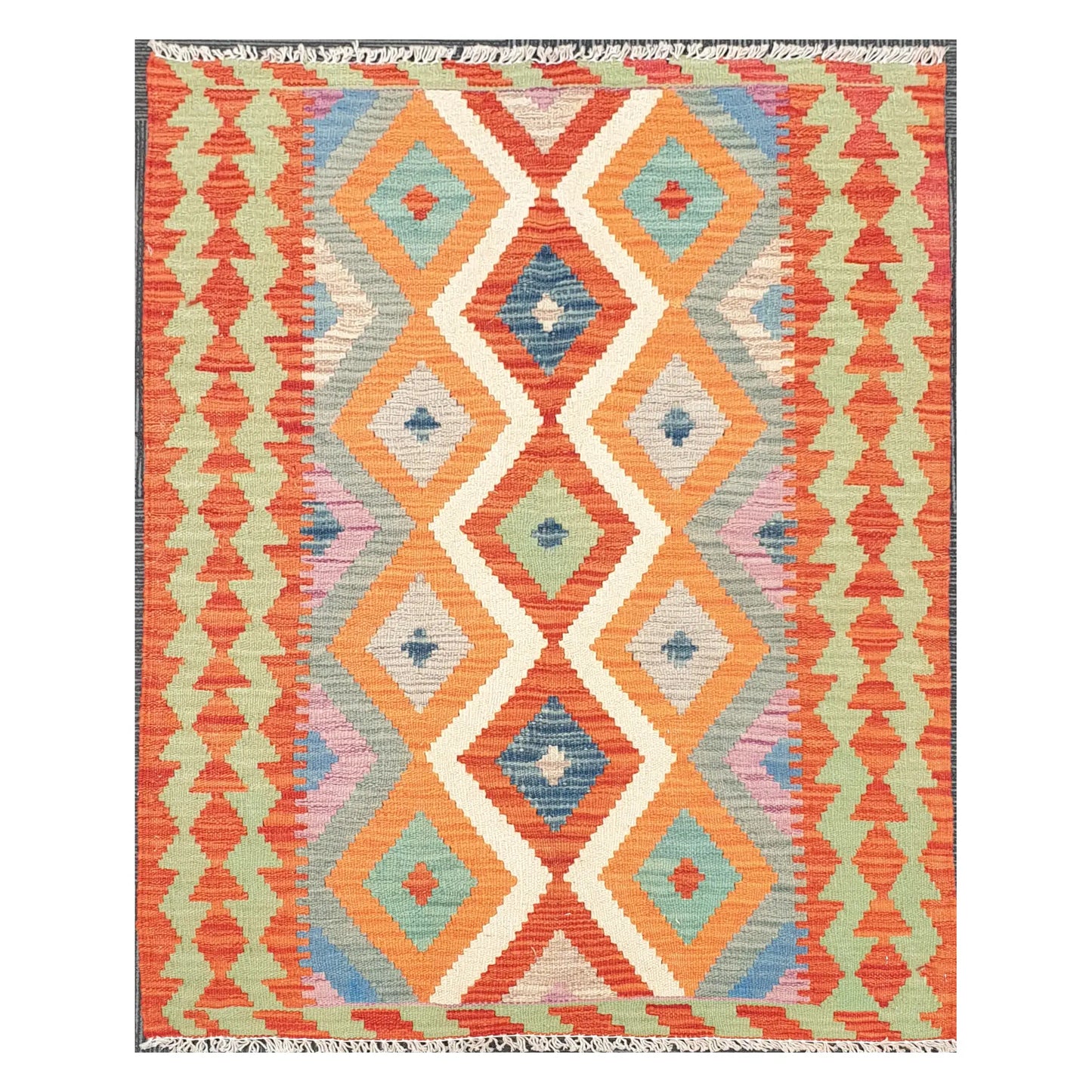 Full view of Afghan Chobi Kilim rug with terracotta and blue linked diamond pattern on an ivory ground, 126 x 90 cm