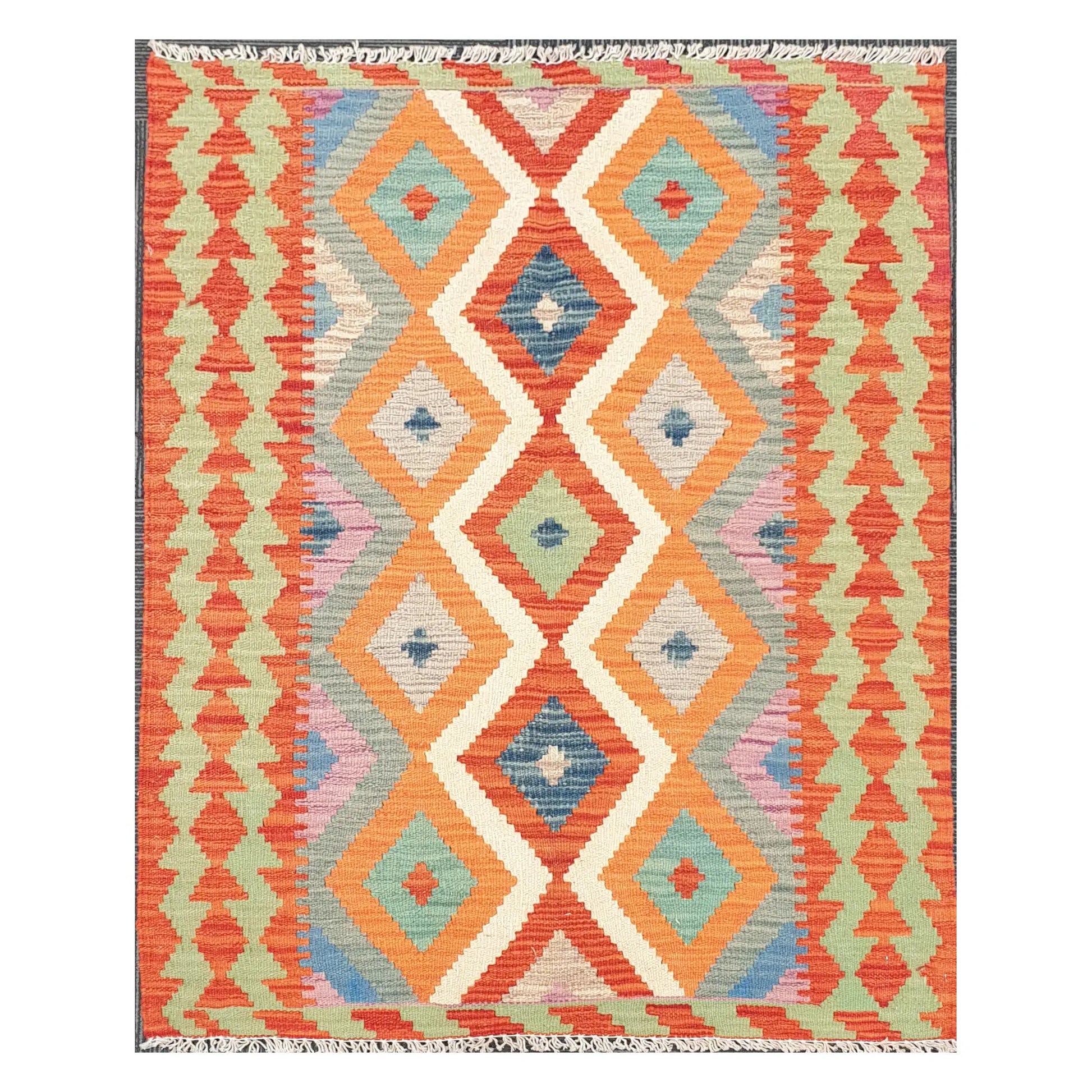 Full view of Afghan Chobi Kilim rug with terracotta and blue linked diamond pattern on an ivory ground, 126 x 90 cm
