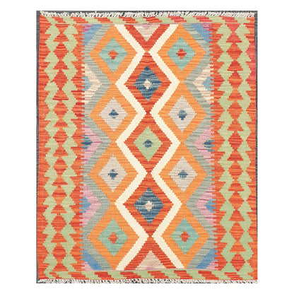 Full view of Afghan Chobi Kilim rug with terracotta and blue linked diamond pattern on an ivory ground, 126 x 90 cm