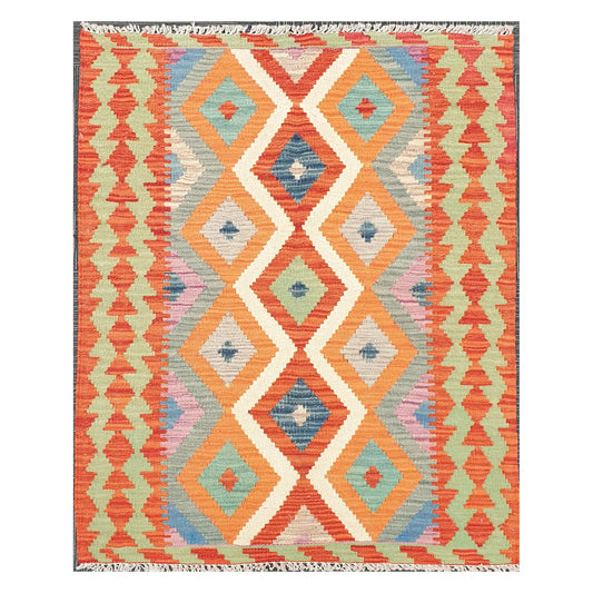 Full view of Afghan Chobi Kilim rug with terracotta and blue linked diamond pattern on an ivory ground, 126 x 90 cm