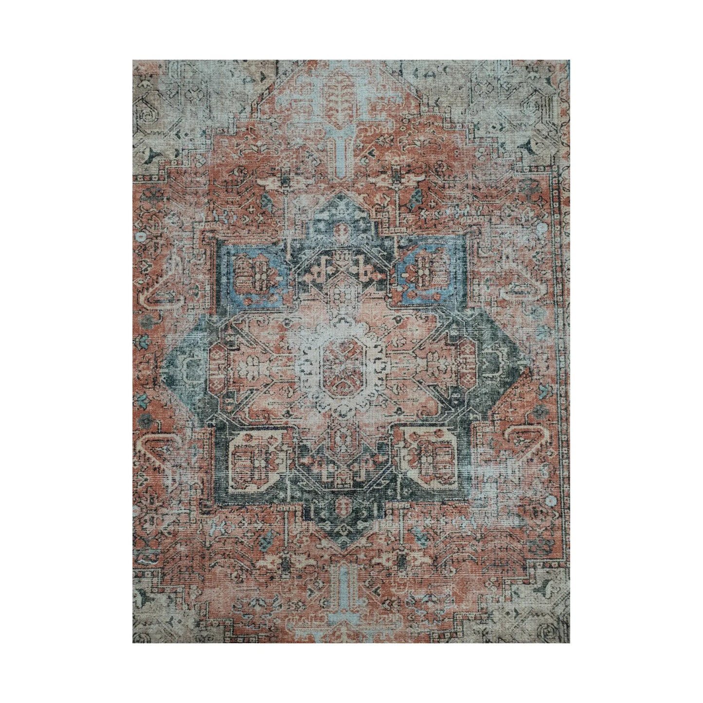 Terracotta blue medallion cotton rug shown in front full view