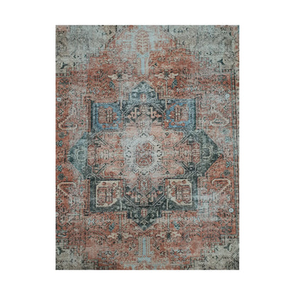 Terracotta blue medallion cotton rug shown in front full view