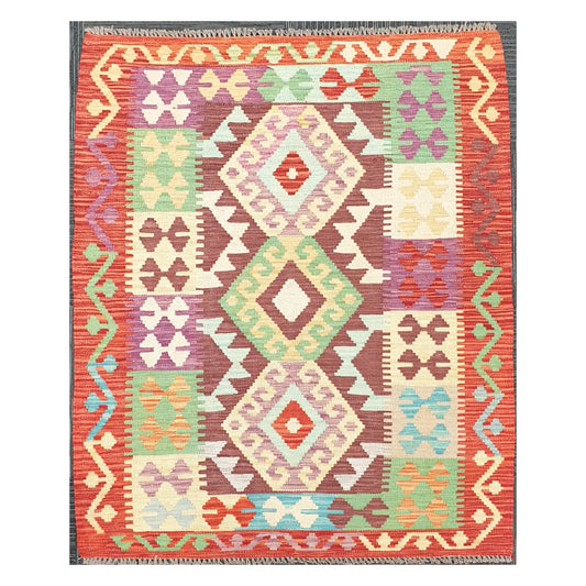 Full view of Afghan Chobi Kilim rug with terracotta border and stacked diamond medallions, 143 x 107 cm