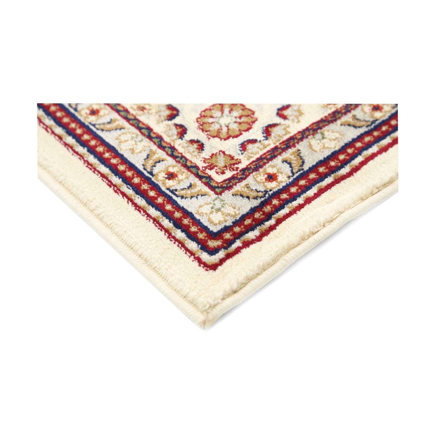 Corner border detail of Traditional Classica Cream Designer Rug with red, blue and cream pattern
