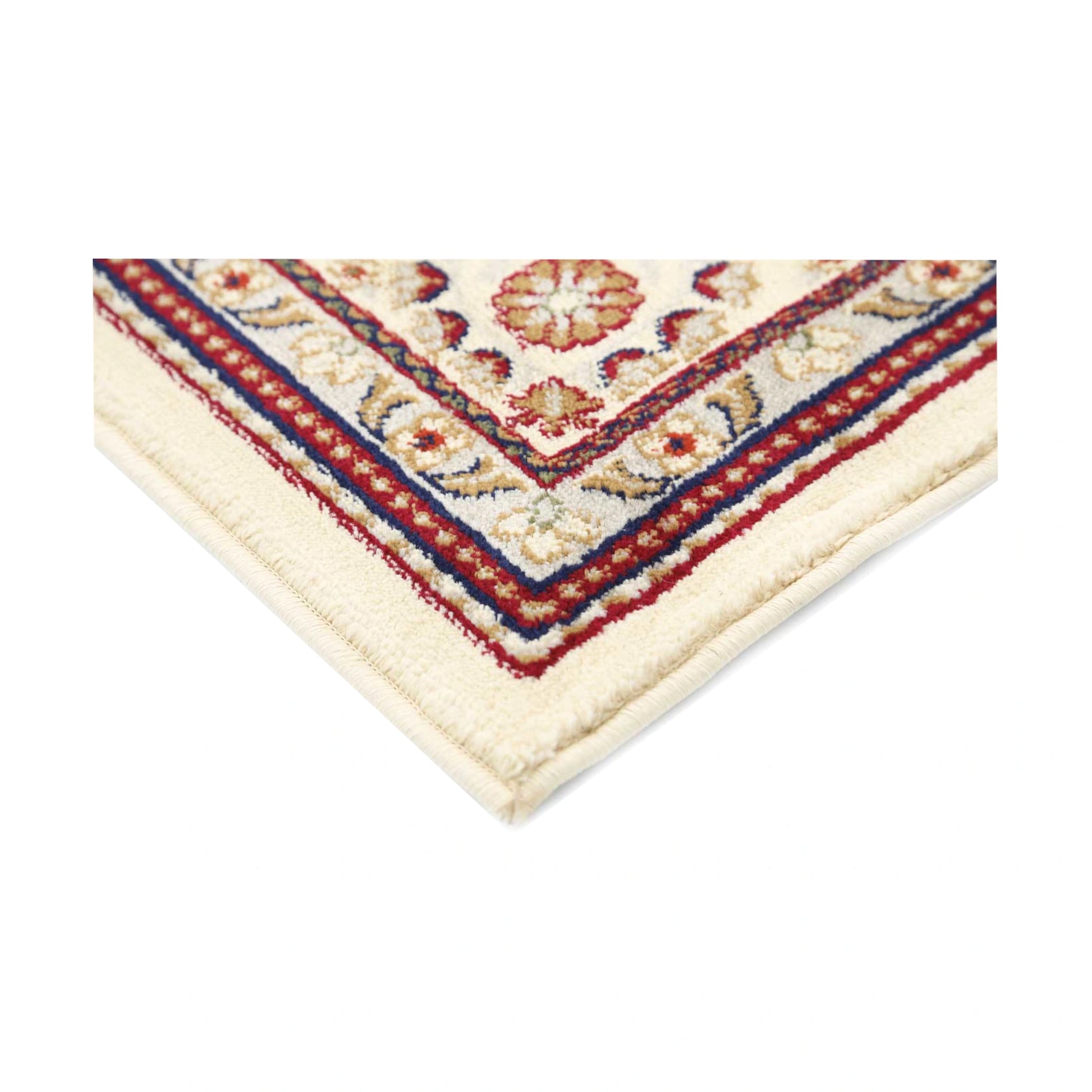 Corner border detail of Traditional Classica Cream Designer Rug with red, blue and cream pattern