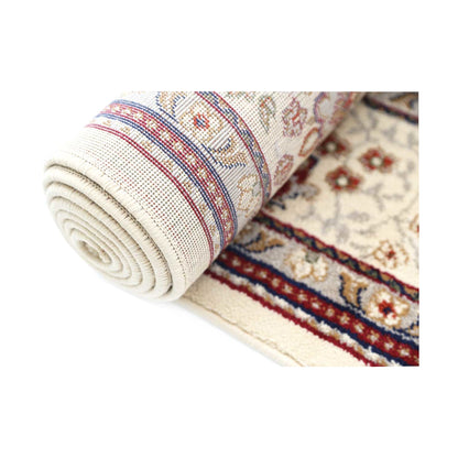 Rolled view of Traditional Classica Cream Designer Rug showing cream base and traditional border design