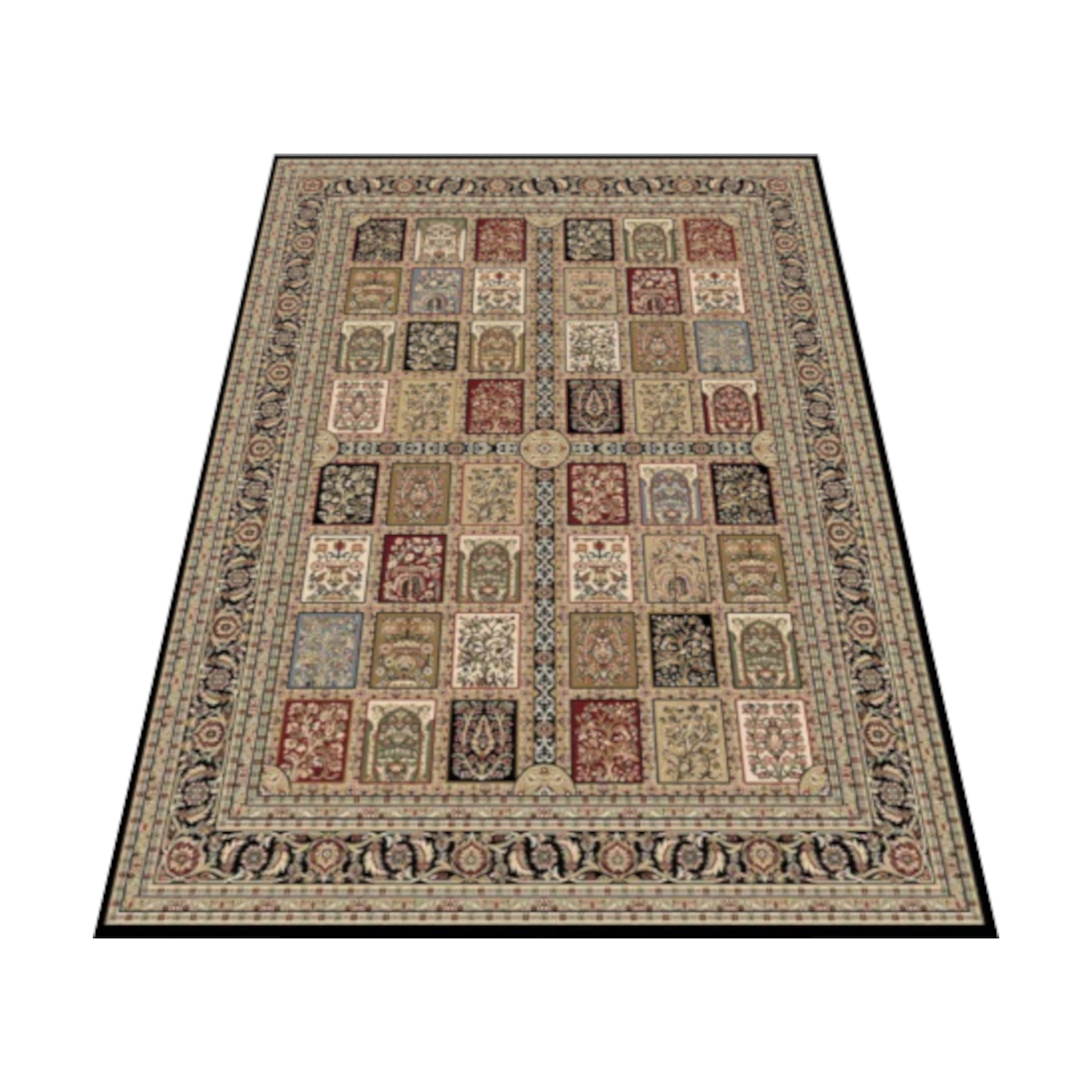 Angled view of Traditional Isfahan Multicolour Premium Designer Rug showing panelled pattern and decorative border