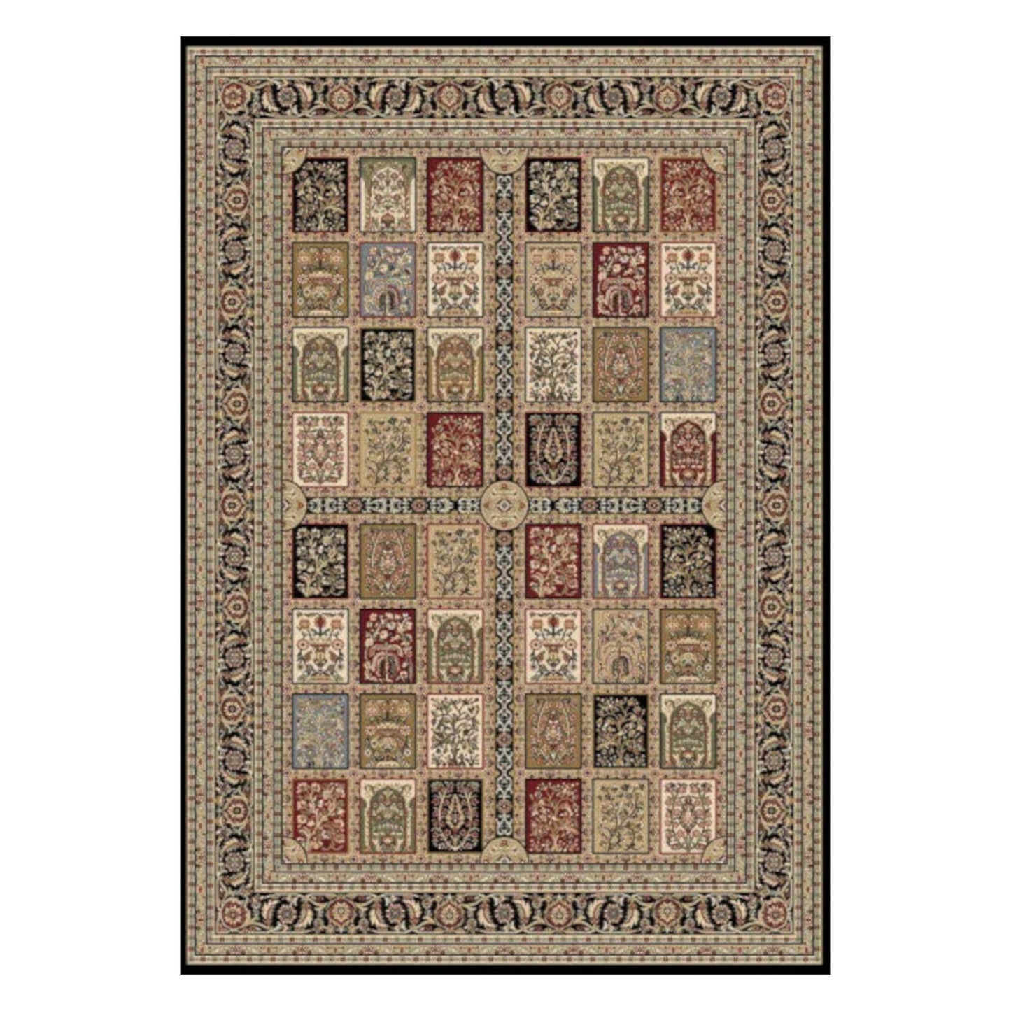 Full view of Traditional Isfahan Multicolour Premium Designer Rug with panelled garden design and ornate border