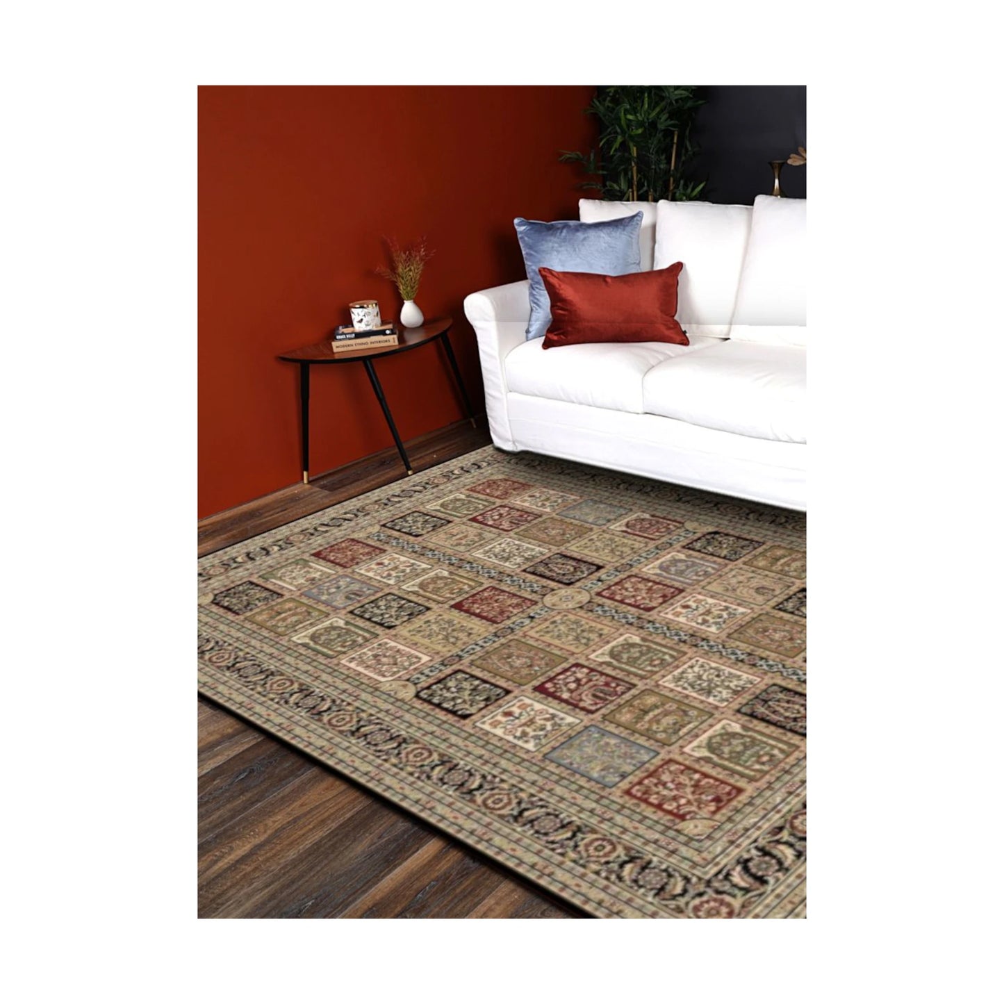 Traditional Isfahan Multicolour Premium Designer Rug styled in a lounge setting with warm wall colour and white sofa