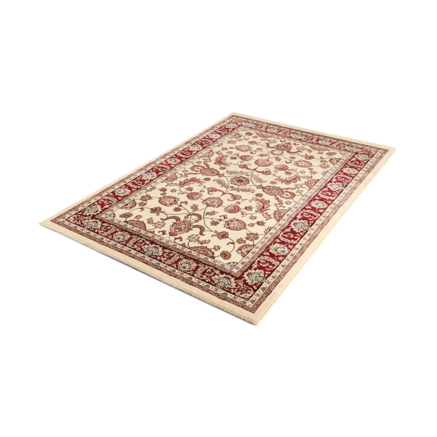 Angled view of Traditional Julian Cream Red Designer Rug with bordered floral pattern
