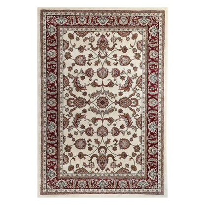 Full view of Traditional Julian Cream Red Designer Rug with floral field and red border