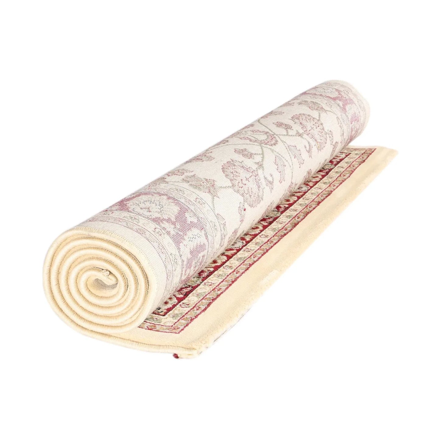 Rolled view of Traditional Julian Cream Red Designer Rug showing cream and red traditional design