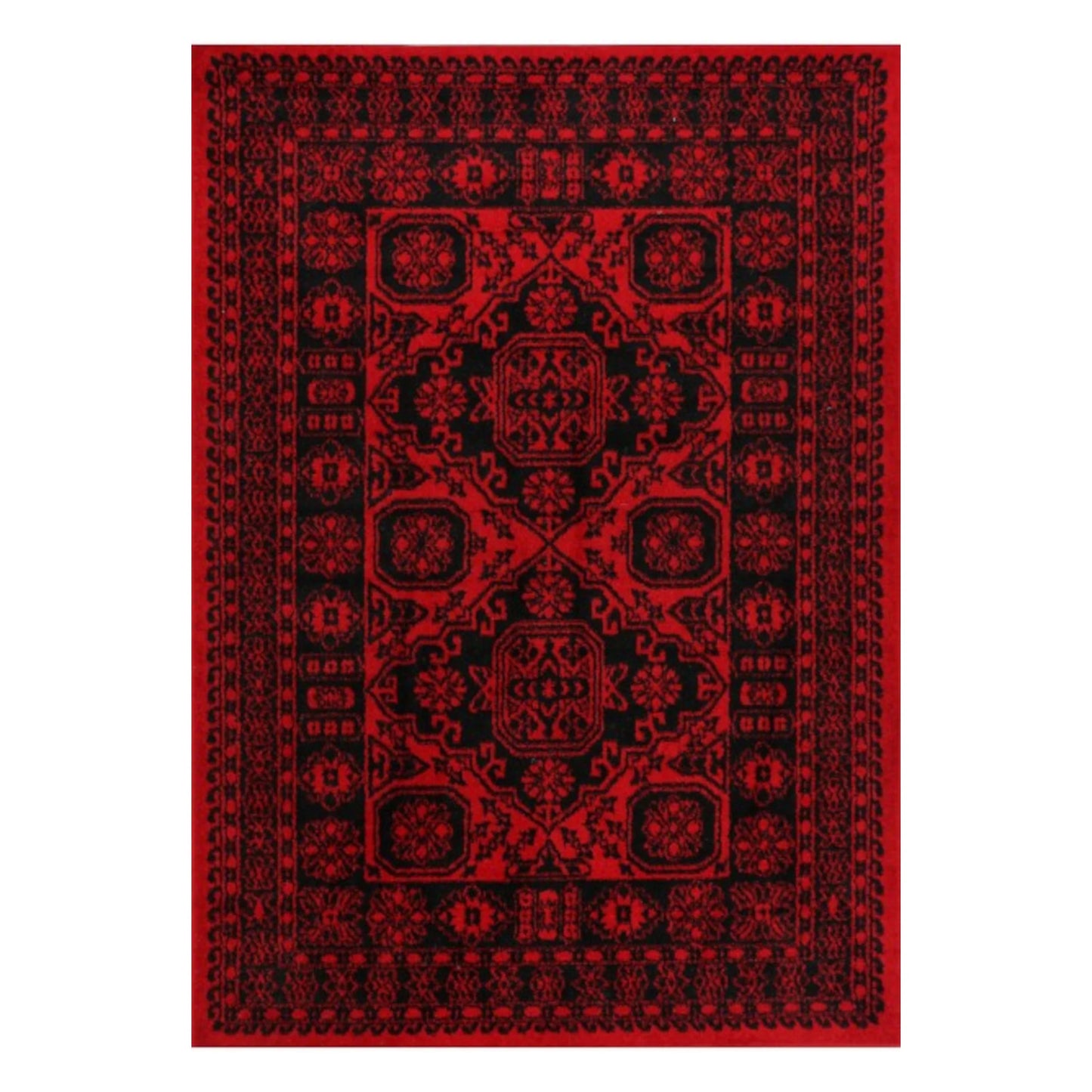Full view of Tribe 10 Red Black rug with vivid red field, black geometric pattern and traditional-inspired border, 290 x 200 cm
