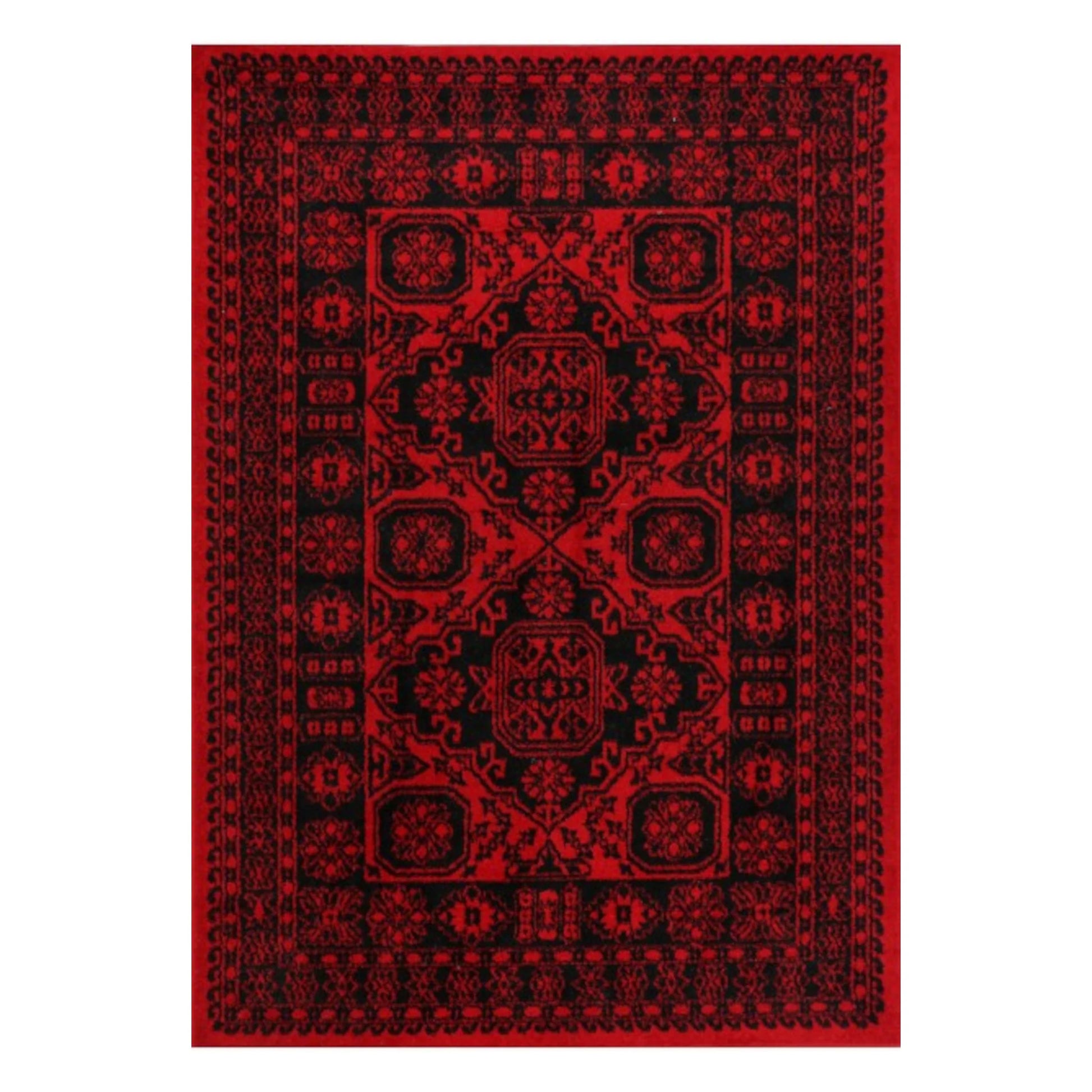 Full view of Tribe 10 Red Black rug with vivid red field, black geometric pattern and traditional-inspired border, 290 x 200 cm