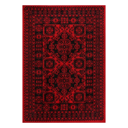 Full view of Tribe 10 Red Black rug with vivid red field, black geometric pattern and traditional-inspired border, 290 x 200 cm