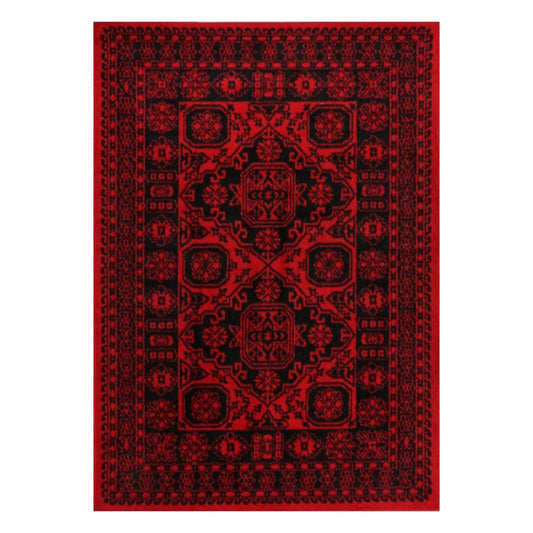 Full view of Tribe 10 Red Black rug with vivid red field, black geometric pattern and traditional-inspired border, 290 x 200 cm