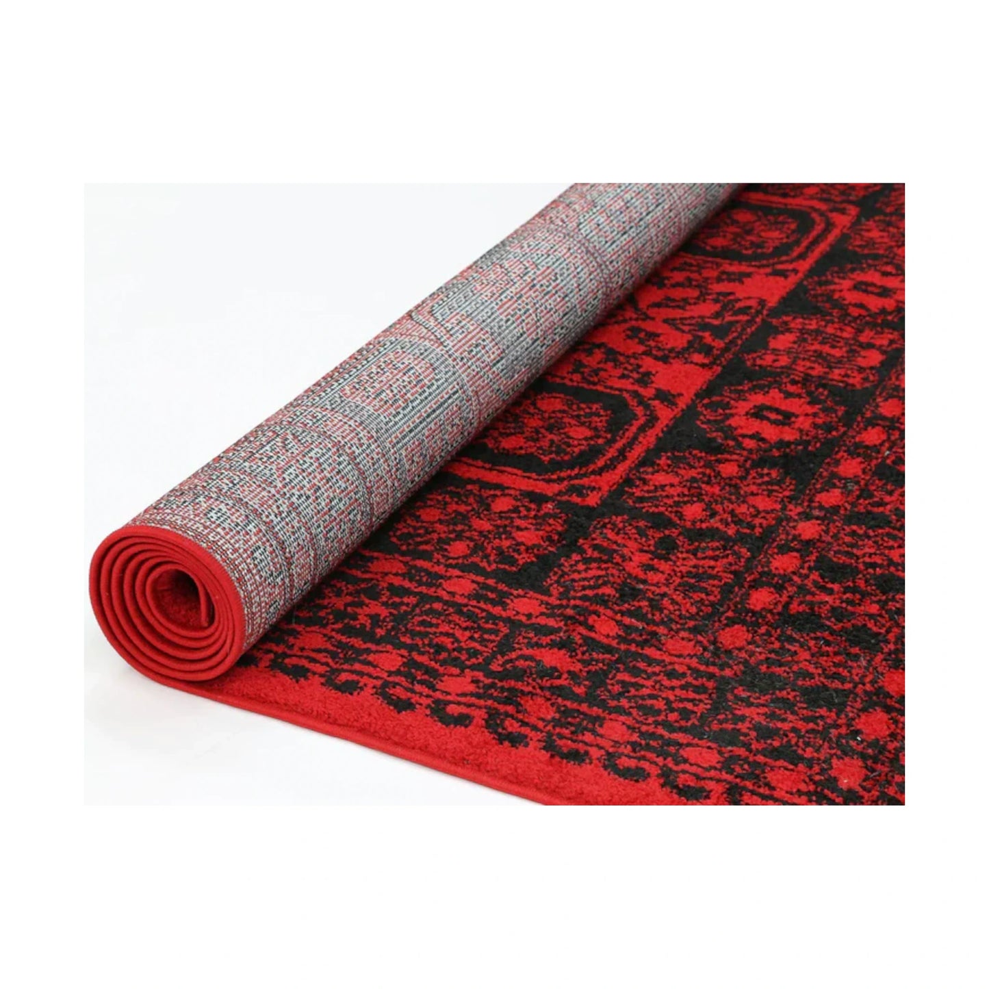 Rolled edge detail of Tribe 10 Red Black rug showing backing, binding and red black patterned pile, 290 x 200 cm